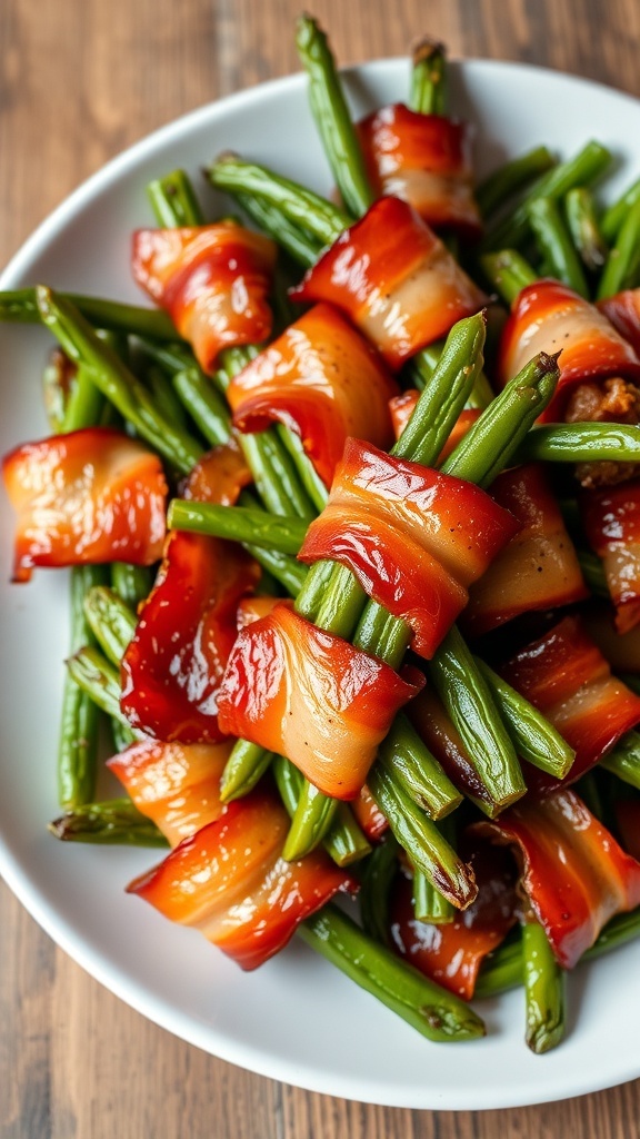 Crispy Air Fryer Bacon-Wrapped Green Beans Crispy bacon-wrapped green beans on a plate, garnished with black pepper.